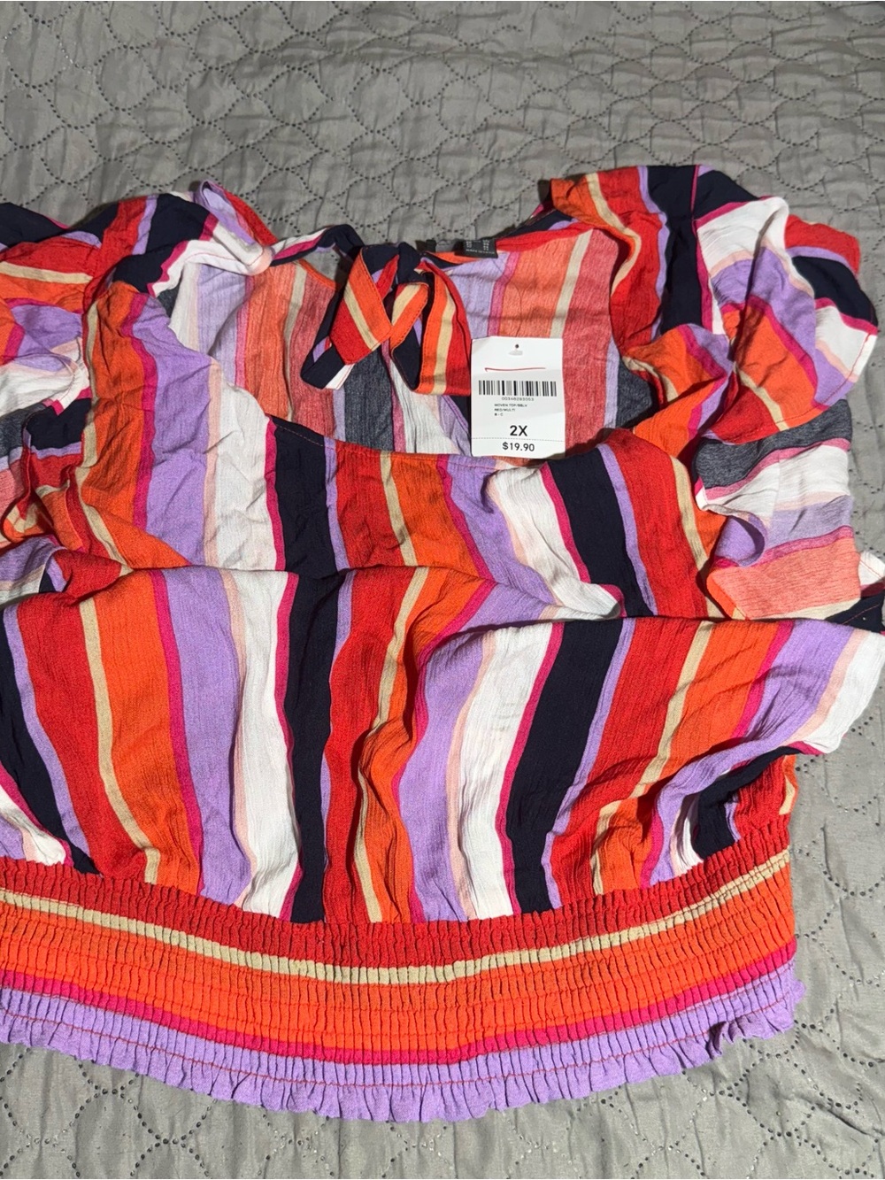 Forever 21 Striped Smocked Waist Blouse summer vacation trendy multicolor 2X NWT